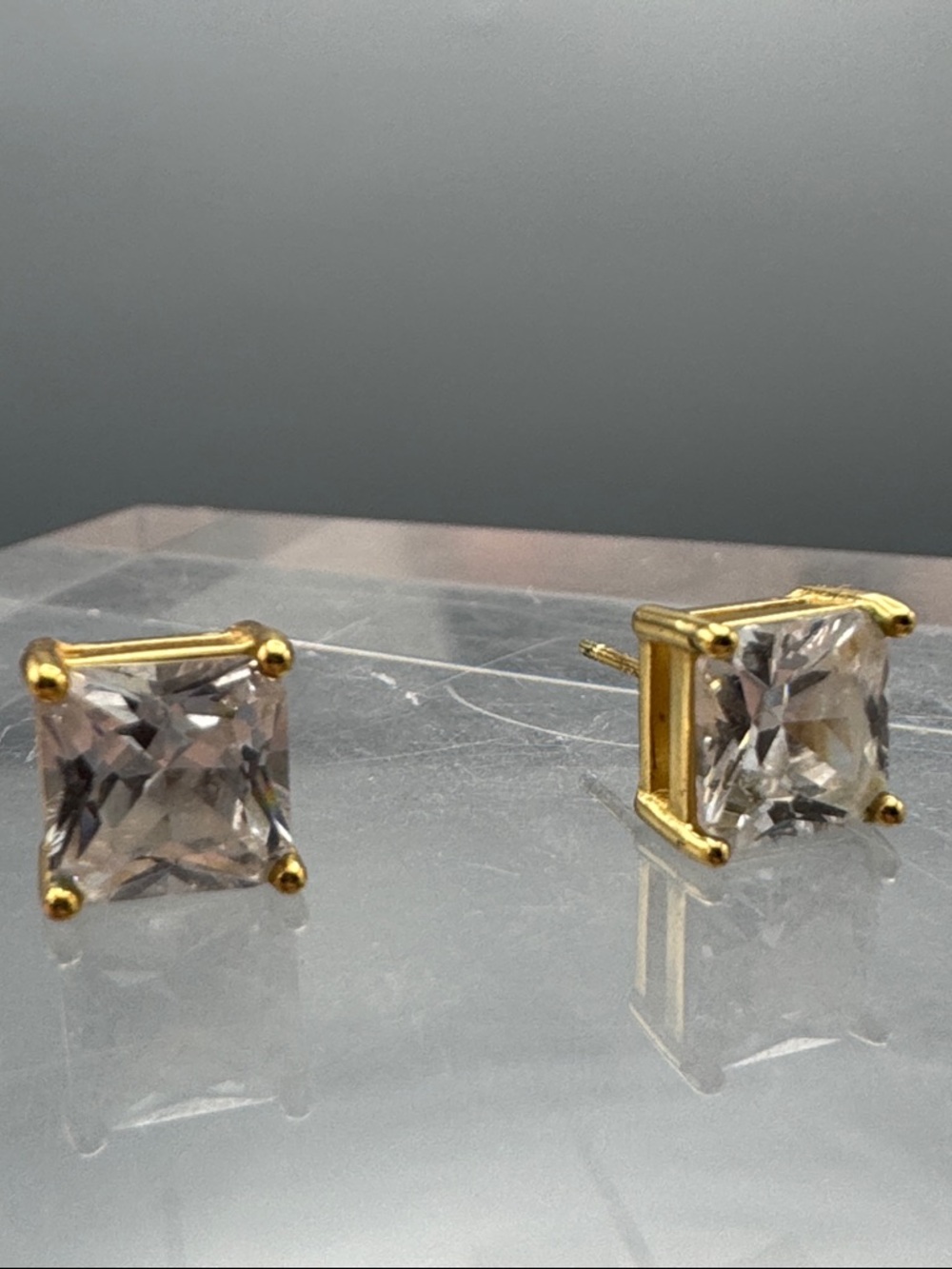 Sterling over gold Clear Square Stud Earrings